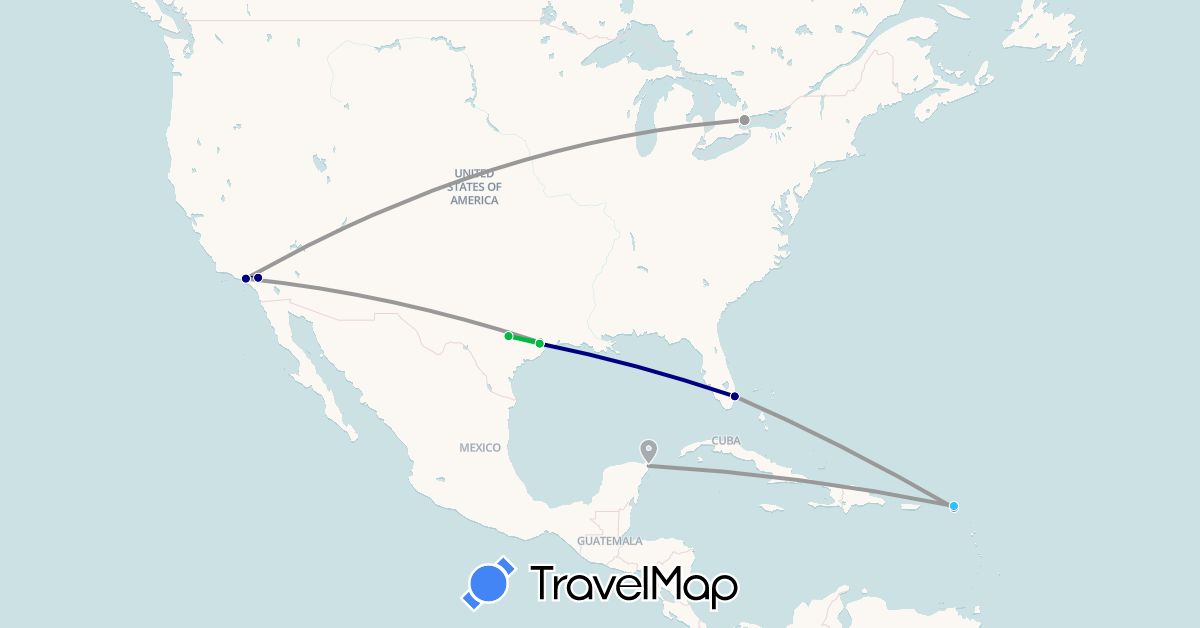 TravelMap itinerary: driving, bus, plane, boat in Anguilla, Canada, Mexico, United States (North America)